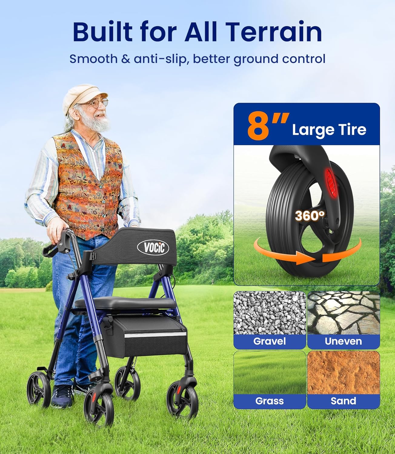 Walkers for Seniors,Foldable Walker with Seat,Rollator Walker with Durable Aluminum,8" Big Wheels