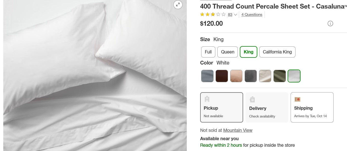 400 Thread Count Percale Sheet Set, King - White