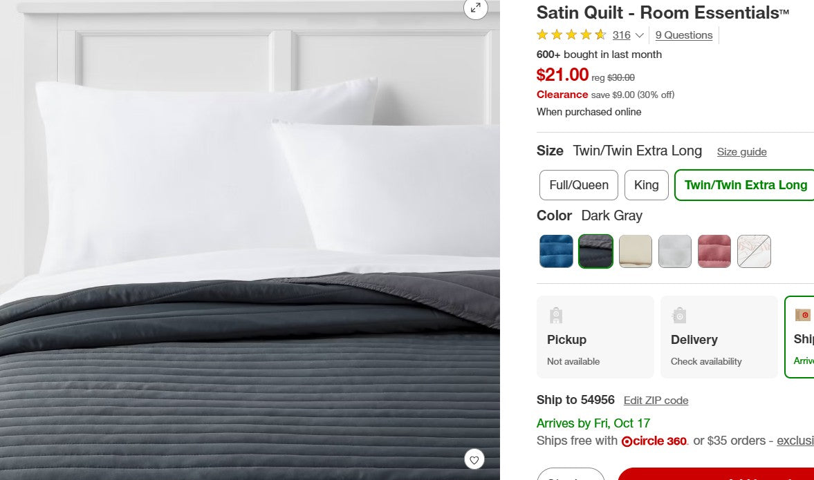 Satin Quilt - Dark Gray - Twin/Twin Extra Long