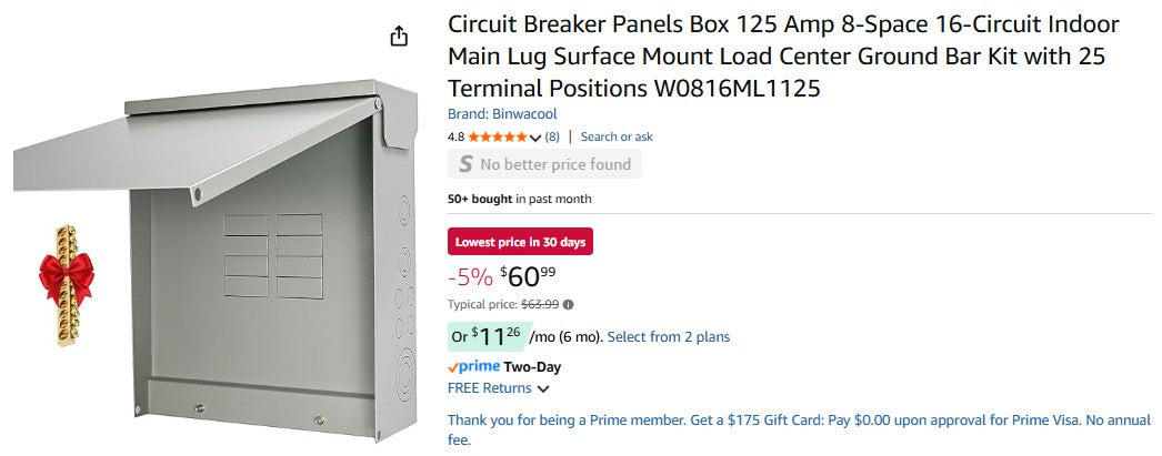 Circuit Breaker Panels Box 125 Amp 8-Space 16-Circuit Indoor Main Lug Surface Mount
