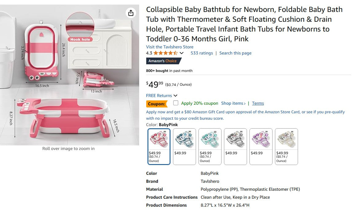 Collapsible Baby Bathtub for Newborn, Foldable Baby Bath Tub with Thermometer