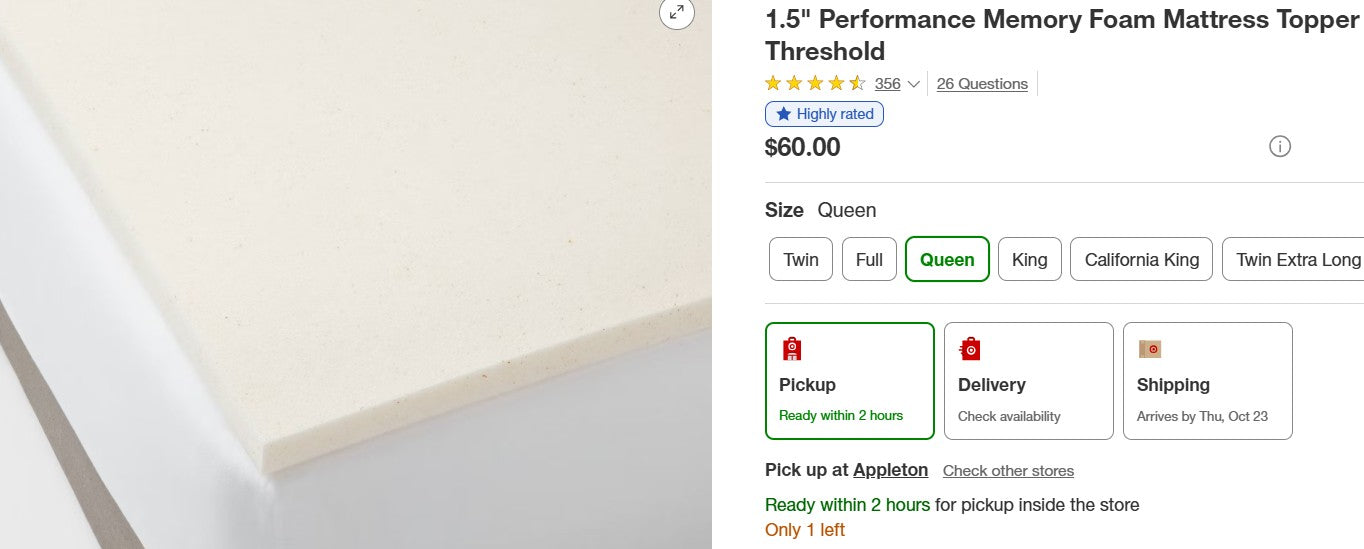 1.5" Performance Memory Foam Mattress Topper - Queen