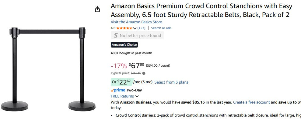 Amazon Basics Premium Crowd Control Stanchions with Easy Assembly, 6.5 foot