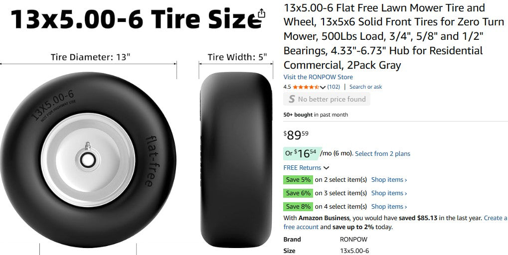 13x5.00-6 Flat Free Lawn Mower Tire and Wheel, 13x5x6 Solid Front Tires for Zero Turn Mower