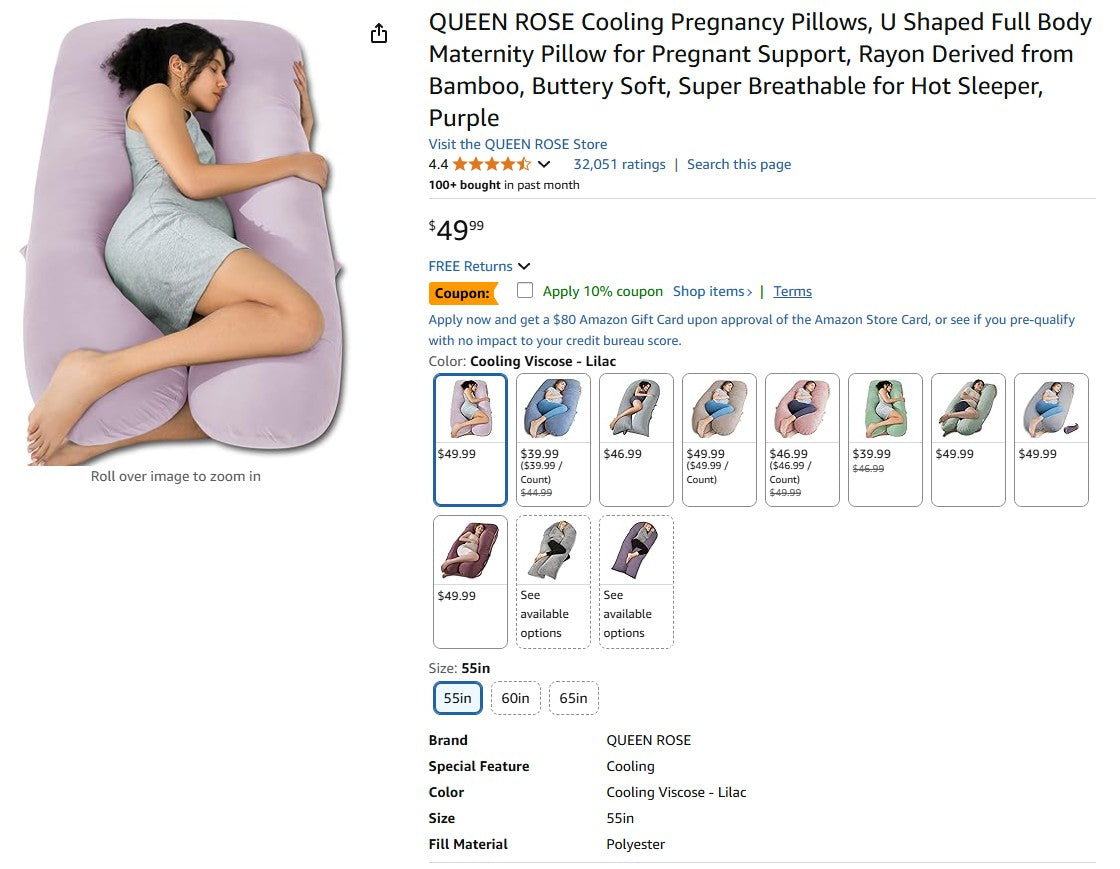 QUEEN ROSE Cooling Pregnancy Pillows, U Shaped Full Body Maternity Pillow for Pregnant Support