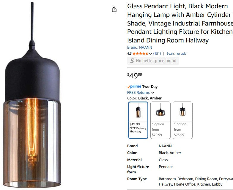 Glass Pendant Light, Black Modern Hanging Lamp with Amber Cylinder Shade