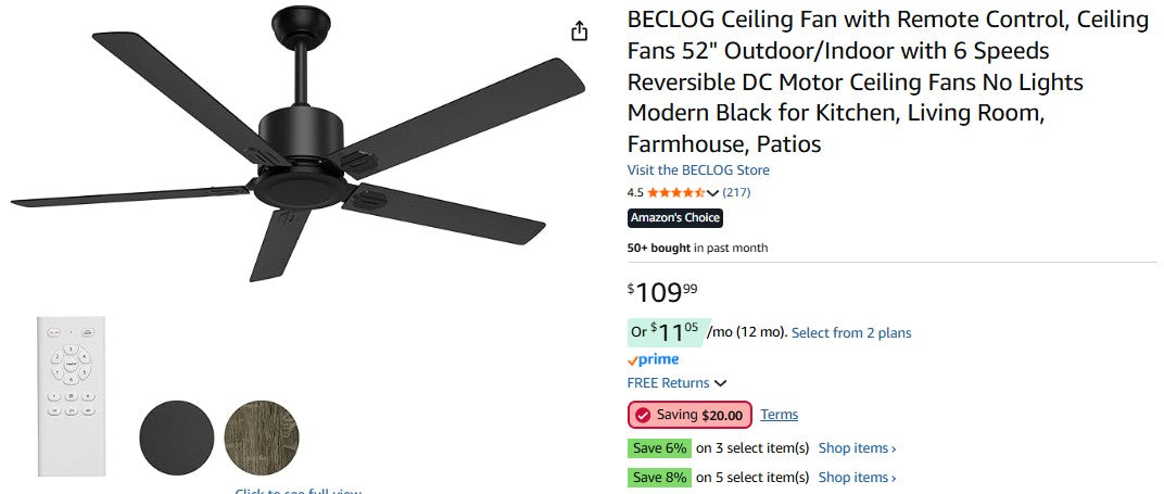 BECLOG Ceiling Fan with Remote Control, Ceiling Fans 52" Outdoor/Indoor with 6 Speeds