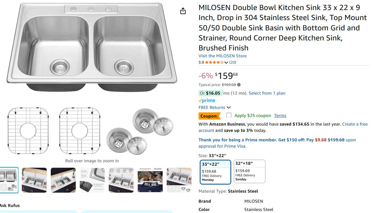 MILOSEN Double Bowl Kitchen Sink 33 x 22 x 9 Inch, Drop in