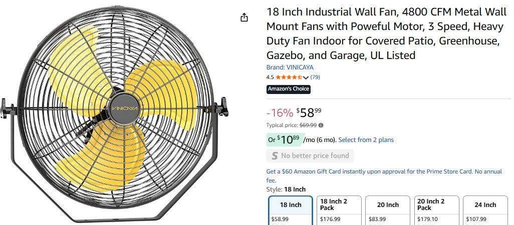 18 Inch Industrial Wall Fan, 4800 CFM Metal Wall Mount Fans with Powerful Motor, 3 Speed