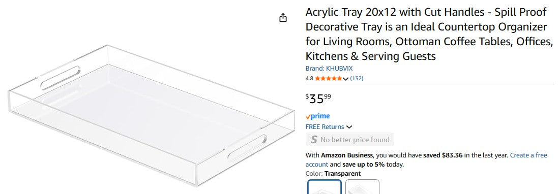 Acrylic Tray 20x12 with Cut Handles - Spill Proof Decorative Tray is an Ideal Countertop Organizer