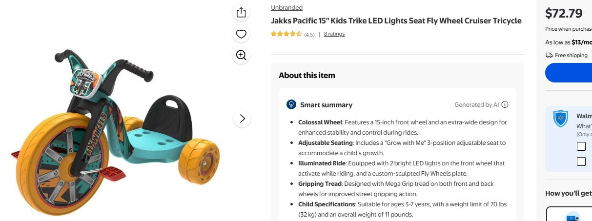 Jakks Pacific 15" Kids Trike LED Lights Seat Fly Wheel Cruiser Tricycle