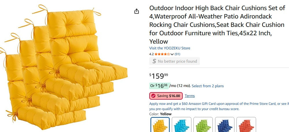 Outdoor Indoor High Back Chair Cushions Set of 4,Waterproof All-Weather Patio Adirondack Cushions