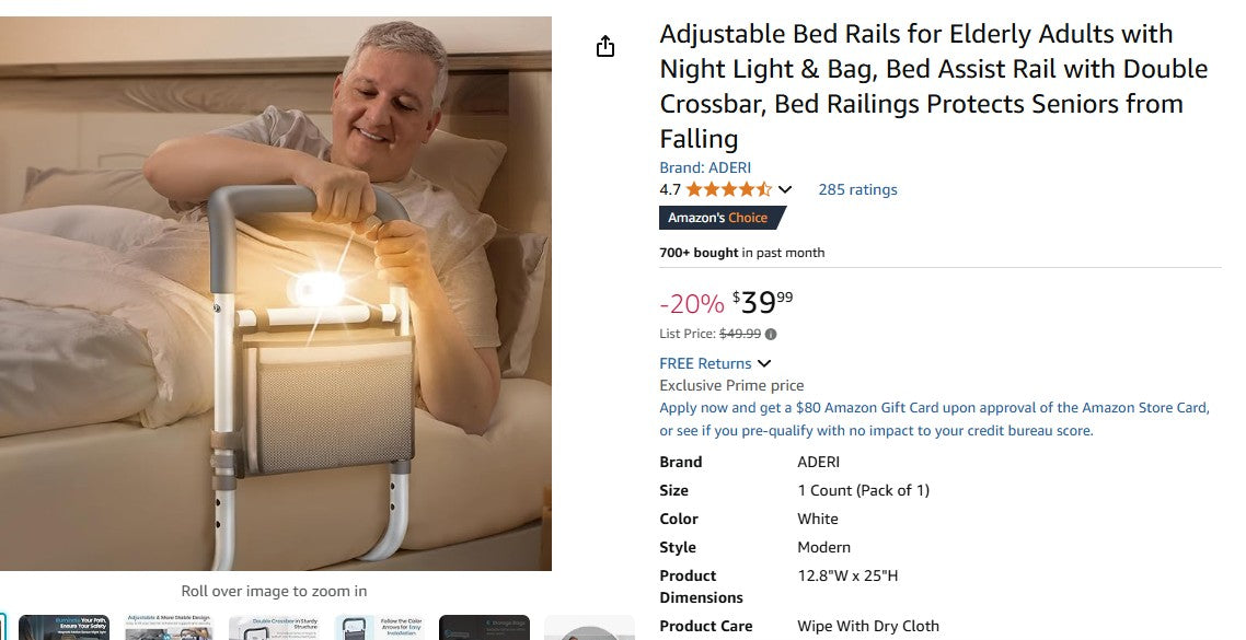 Adjustable Bed Rails for Elderly Adults with Night Light & Bag, Bed Assist Rail with Double Crossbar