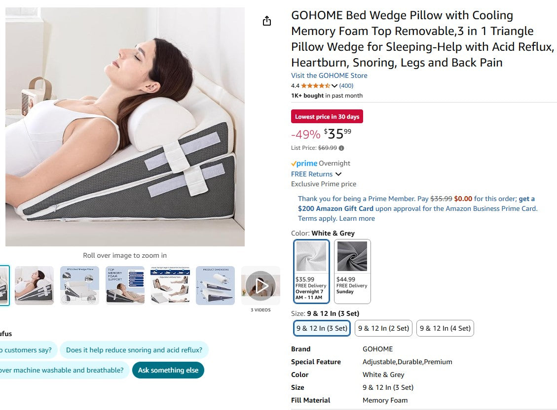 GOHOME Bed Wedge Pillow with Cooling Memory Foam Top Removable