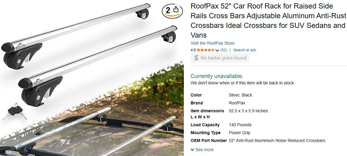 RoofPax 52" Car Roof Rack for Raised Side Rails Cross Bars Adjustable
