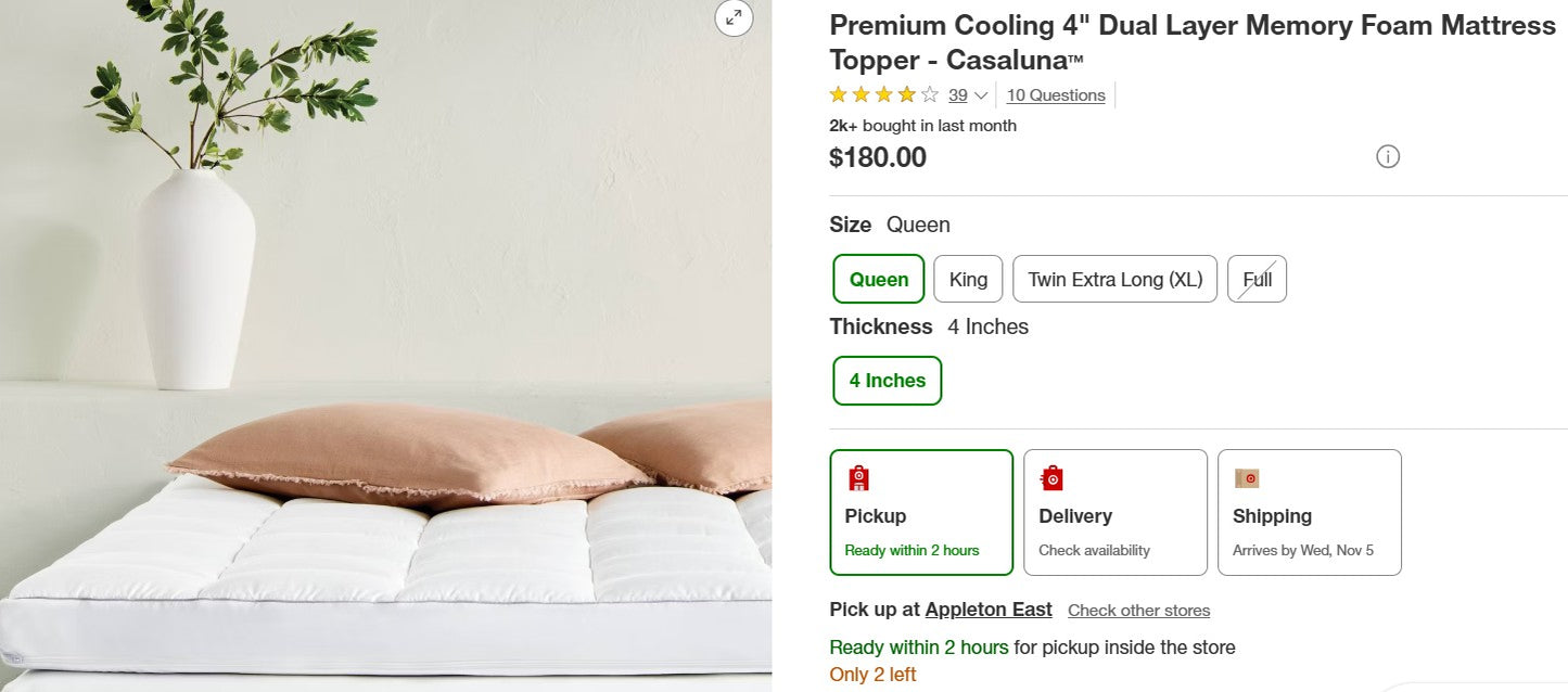 Premium Queen Cooling 4" Dual Layer Memory Foam Mattress Topper - Casaluna