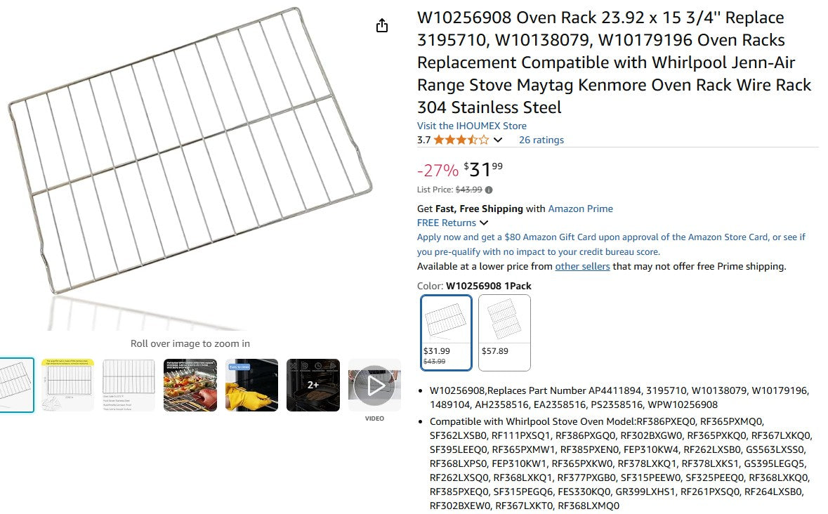 W10256908 Oven Rack 23.92 x 15 3/4'' Replace 3195710, W10138079, W10179196