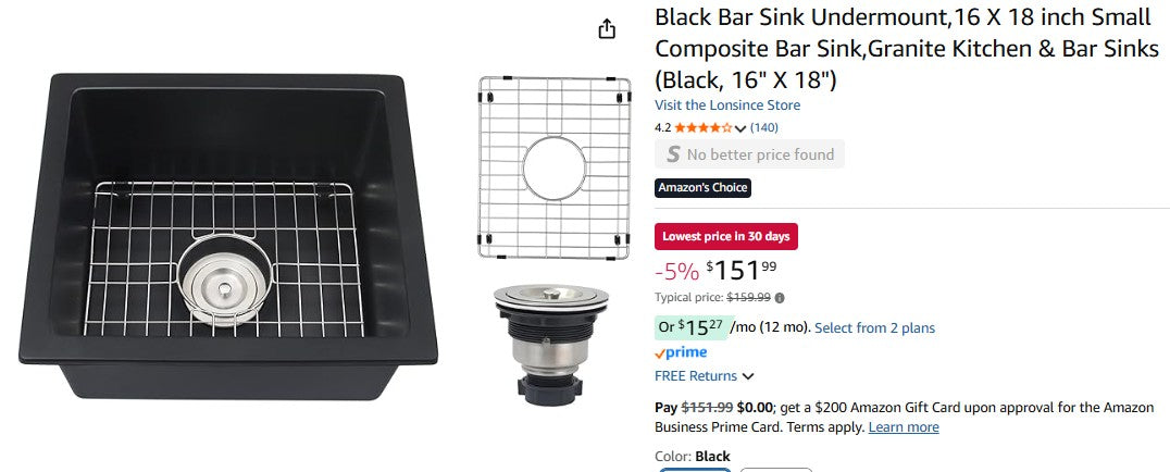 Black Bar Sink Undermount,16 X 18 inch Small Composite Bar Sink