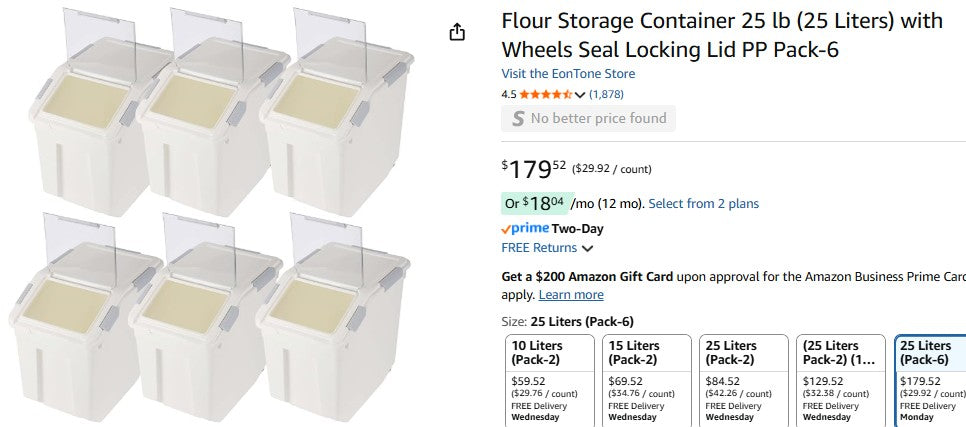 Flour Storage Container 25 lb (β25 Liters) with Wheels Seal Locking Lid PP Pack-6