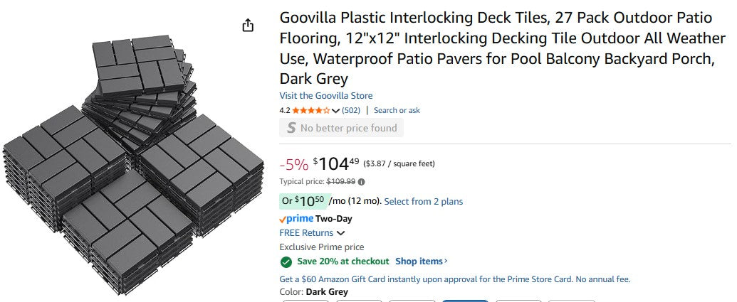 Goovilla Plastic Interlocking Deck Tiles, 27 Pack Outdoor Patio Flooring, 12"x12"