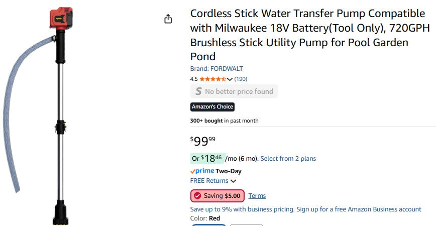 Cordless Stick Water Transfer Pump Compatible with Milwaukee 18V Battery(Tool Only)