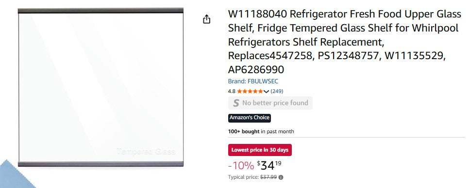 W11188040 Refrigerator Fresh Food Upper Glass Shelf