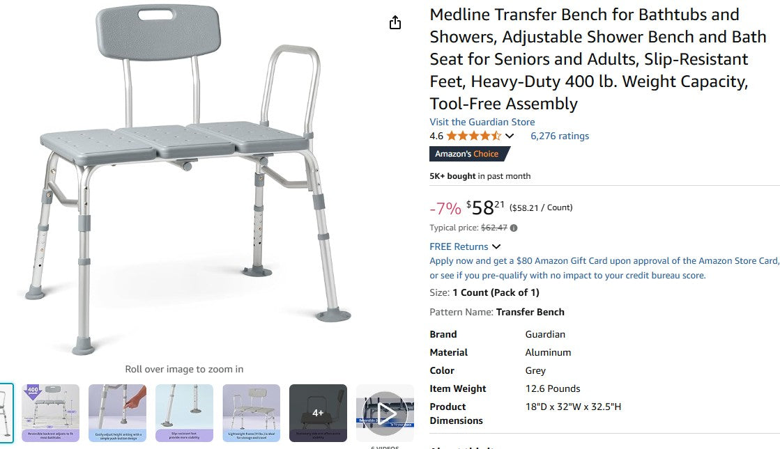 Medline Transfer Bench for Bathtubs and Showers, Adjustable Shower Bench and Bath Seat for Seniors and Adults