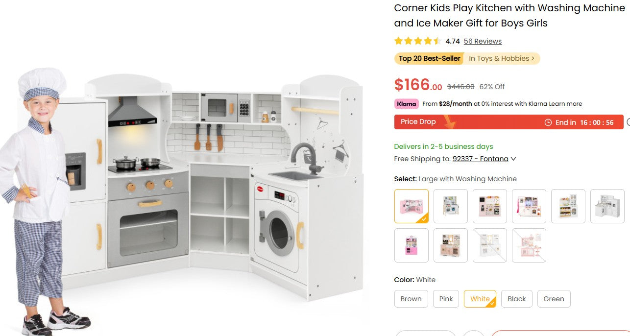 Corner Kids Play Kitchen with Washing Machine and Ice Maker Gift for Boys Girls