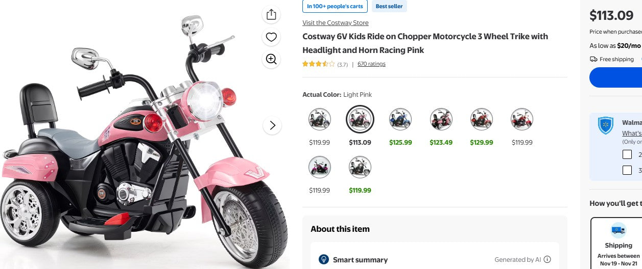 Costway 6V Kids Ride on Chopper Motorcycle 3 Wheel Trike with Headlight and Horn Racing Pink