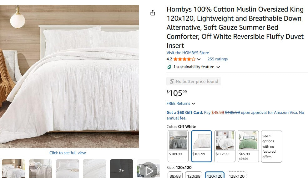 Hombys 100% Cotton Muslin Oversized King 120x120, Lightweight and Breathable Down Alternative