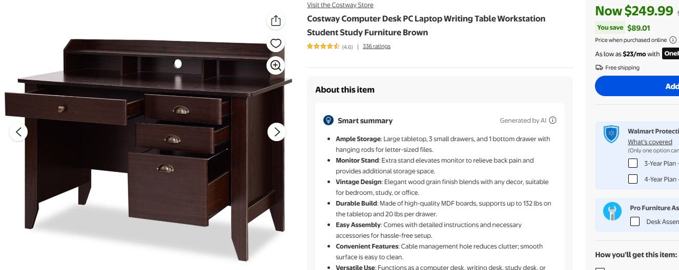 Costway Computer Desk PC Laptop Writing Table Workstation Student Study Furniture Brown