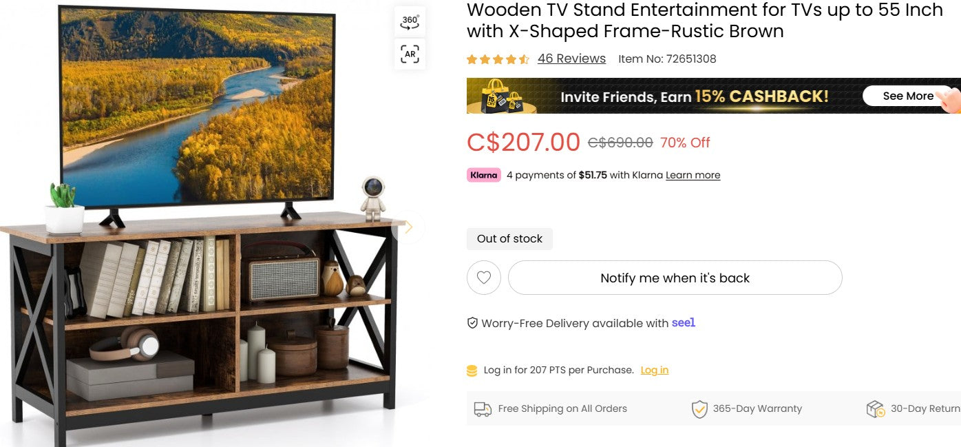 Wooden TV Stand Entertainment for TVs up to 55 Inch with X-Shaped Frame-Rustic Brown