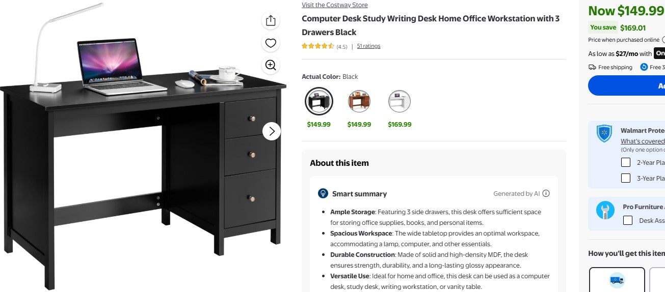 Computer Desk Study Writing Desk Home Office Workstation with 3 Drawers Black