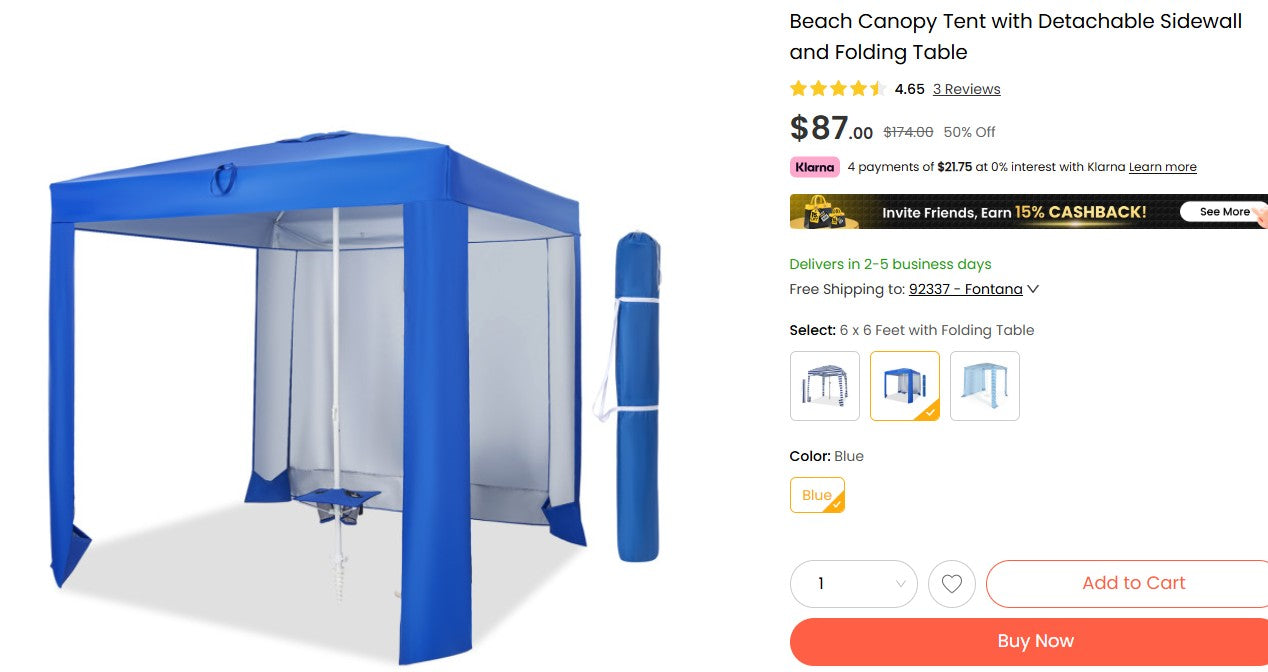 Beach Canopy Tent with Detachable Sidewall and Folding Table