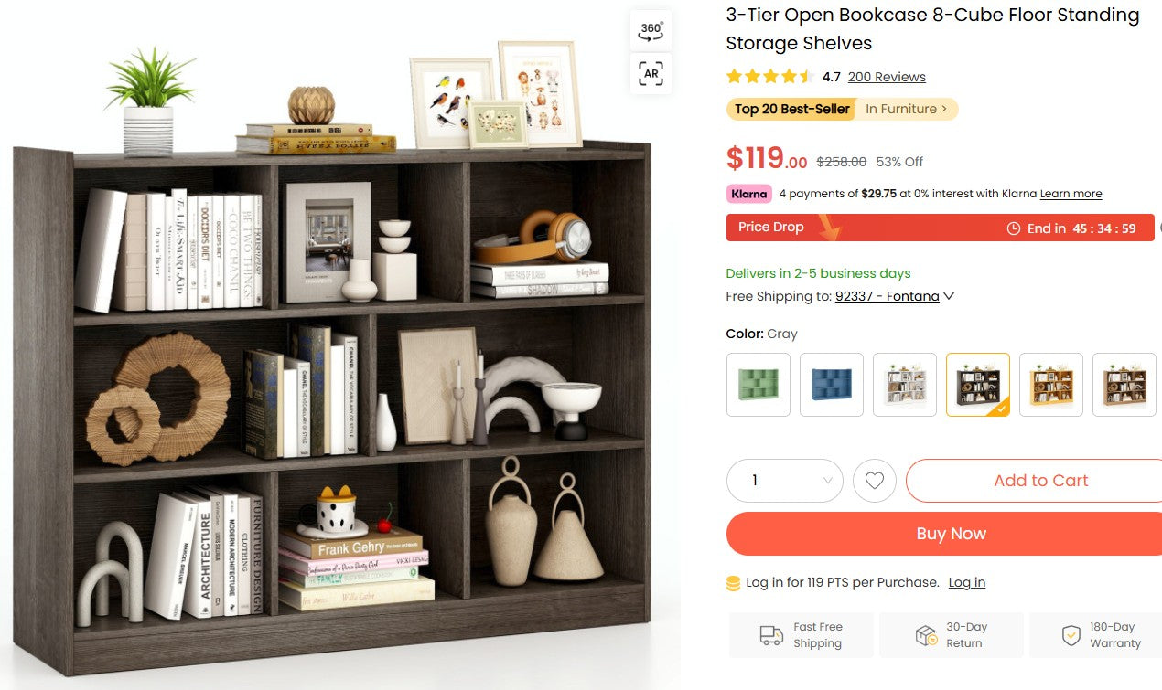 3-Tier Open Bookcase 8-Cube Floor Standing Storage Shelves