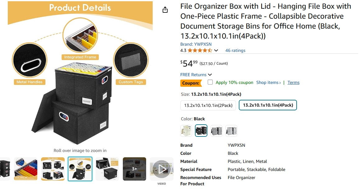 File Organizer Box with Lid - Hanging File Box with One-Piece Plastic Frame