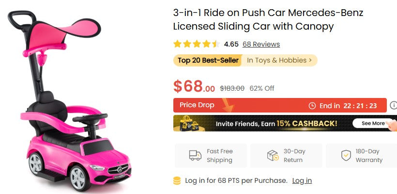 3-in-1 Ride on Push Car Mercedes-Benz Licensed Sliding Car with Canopy