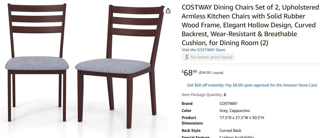 COSTWAY Dining Chairs Set of 2, Upholstered Armless Kitchen Chairs with Solid Rubber Wood Frame