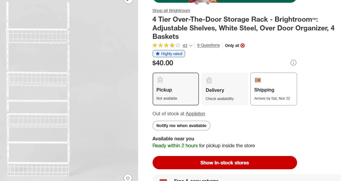 4 Tier Over-The-Door Storage Rack - Adjustable Shelves, White Steel, Over Door Organizer