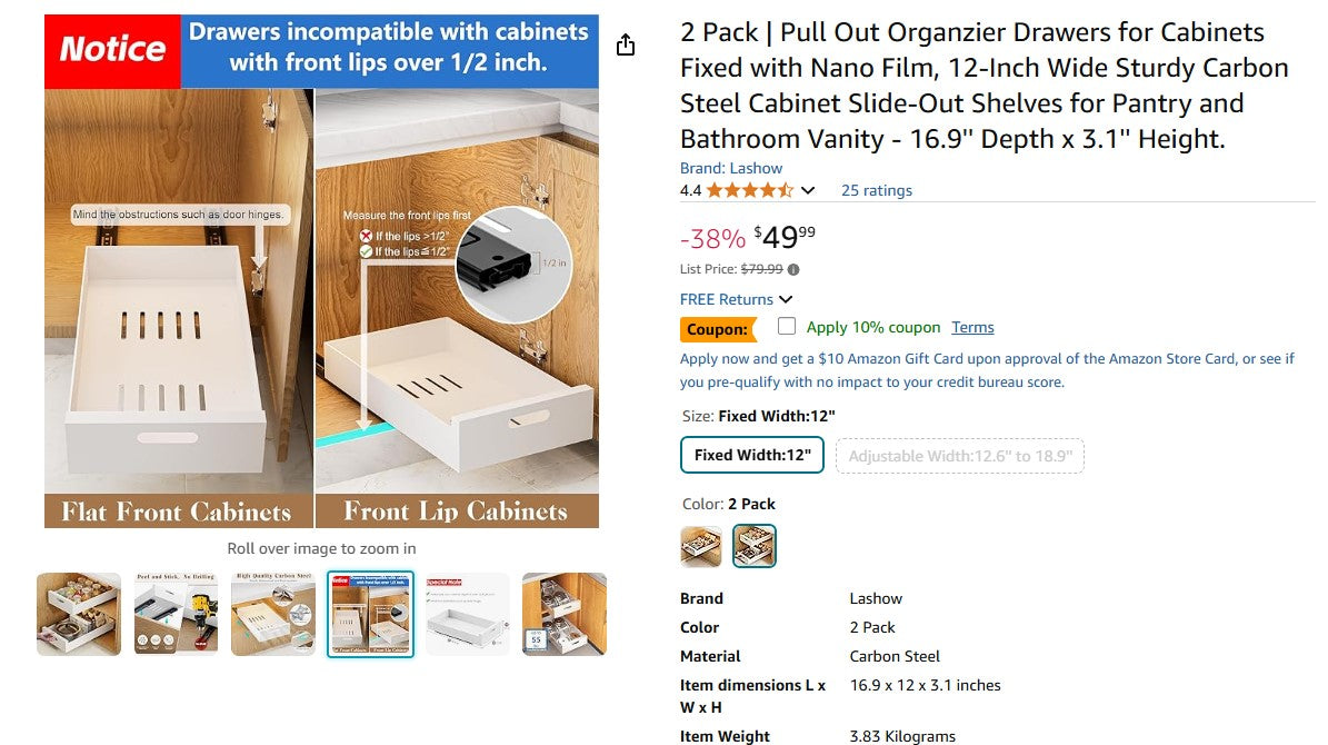 2 Pack Pull Out Organizer Drawers for Cabinets Fixed with Nano Film