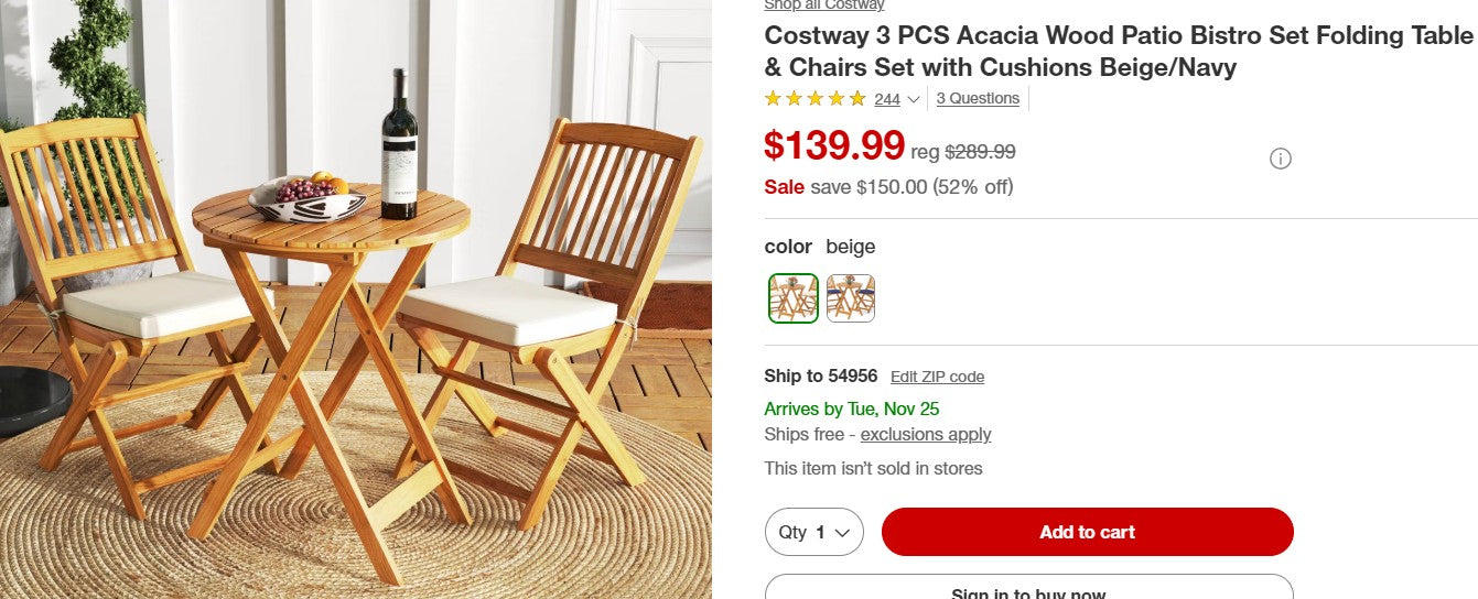 Costway 3 PCS Acacia Wood Patio Bistro Set Folding Table & Chairs Set with Cushions Beige
