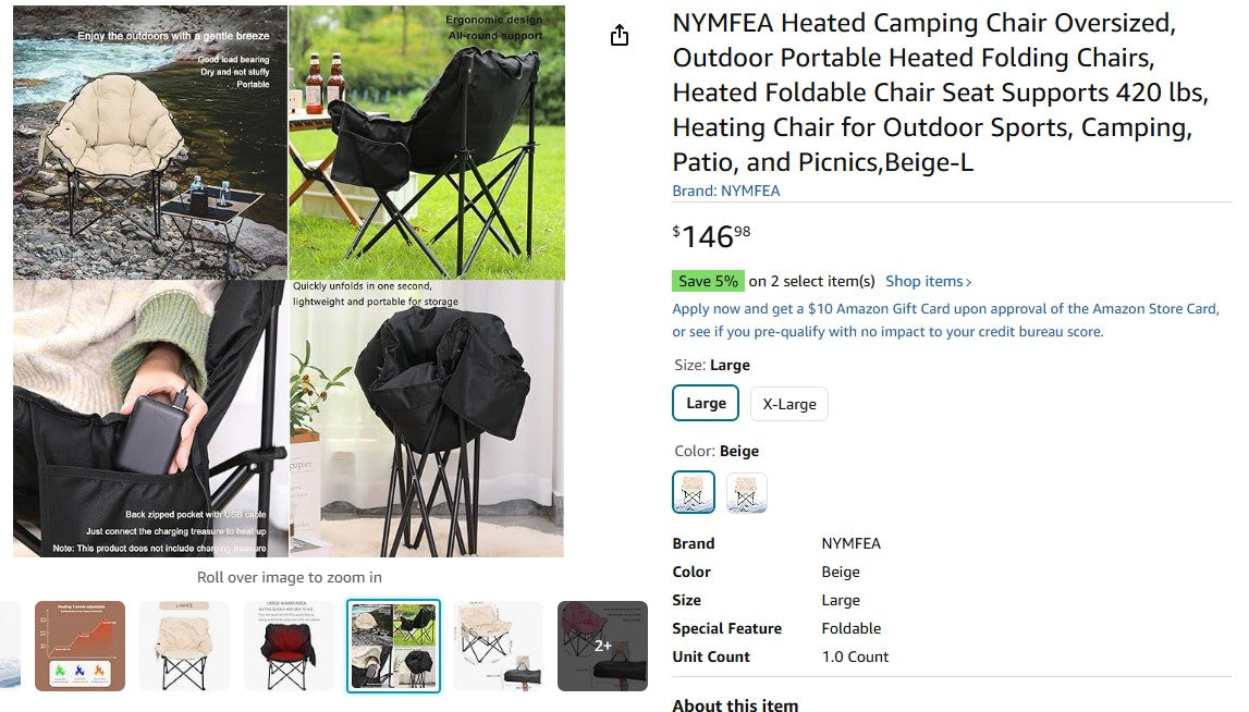 NYMFEA Heated Camping Chair Oversized, Outdoor Portable Heated Folding Chairs