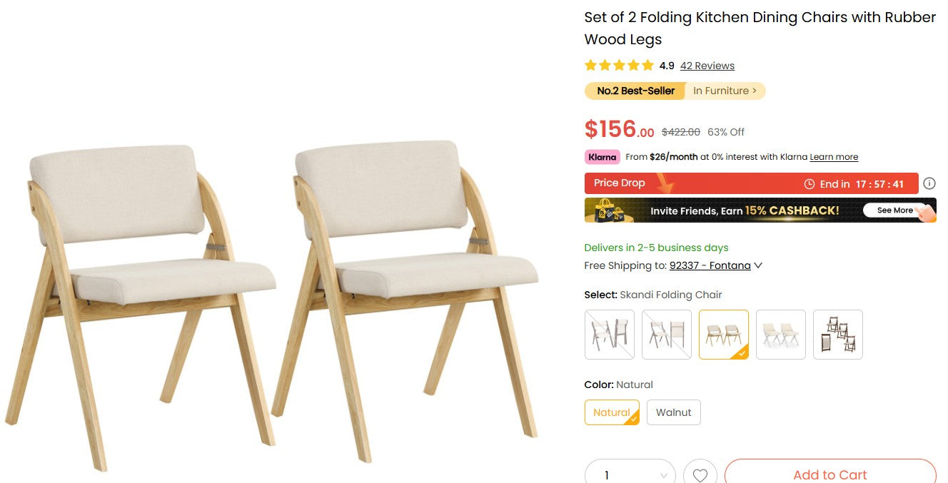 Set of 2 Folding Kitchen Dining Chairs with Rubber Wood Legs