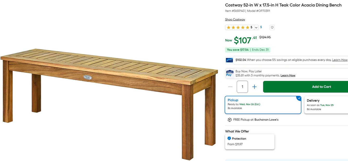 Costway 52-in W x 17.5-in H Teak Color Acacia Dining Bench
