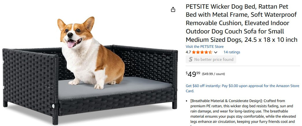 PETSITE Wicker Dog Bed, Rattan Pet Bed with Metal Frame, 24.5 x 18 x 10 inch