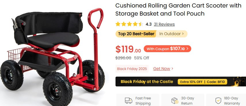 Cushioned Rolling Garden Cart Scooter with Storage Basket and Tool Pouch