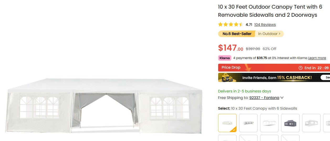 10 x 30 Feet Outdoor Canopy Tent with 6 Removable Sidewalls and 2 Doorways