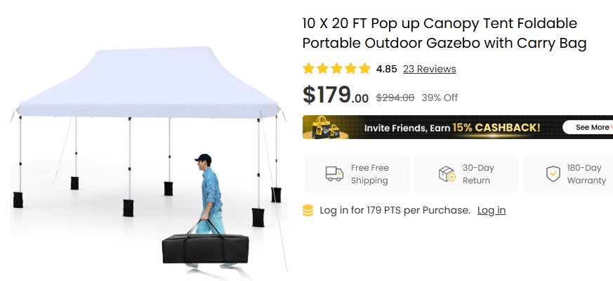 10 X 20 FT Pop up Canopy Tent Foldable Portable Outdoor Gazebo with Carry Bag