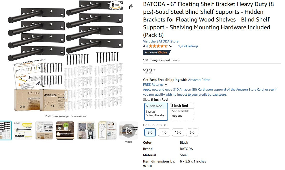 BATODA - 6" Floating Shelf Bracket Heavy Duty (8 pcs)-Solid Steel Blind Shelf Supports