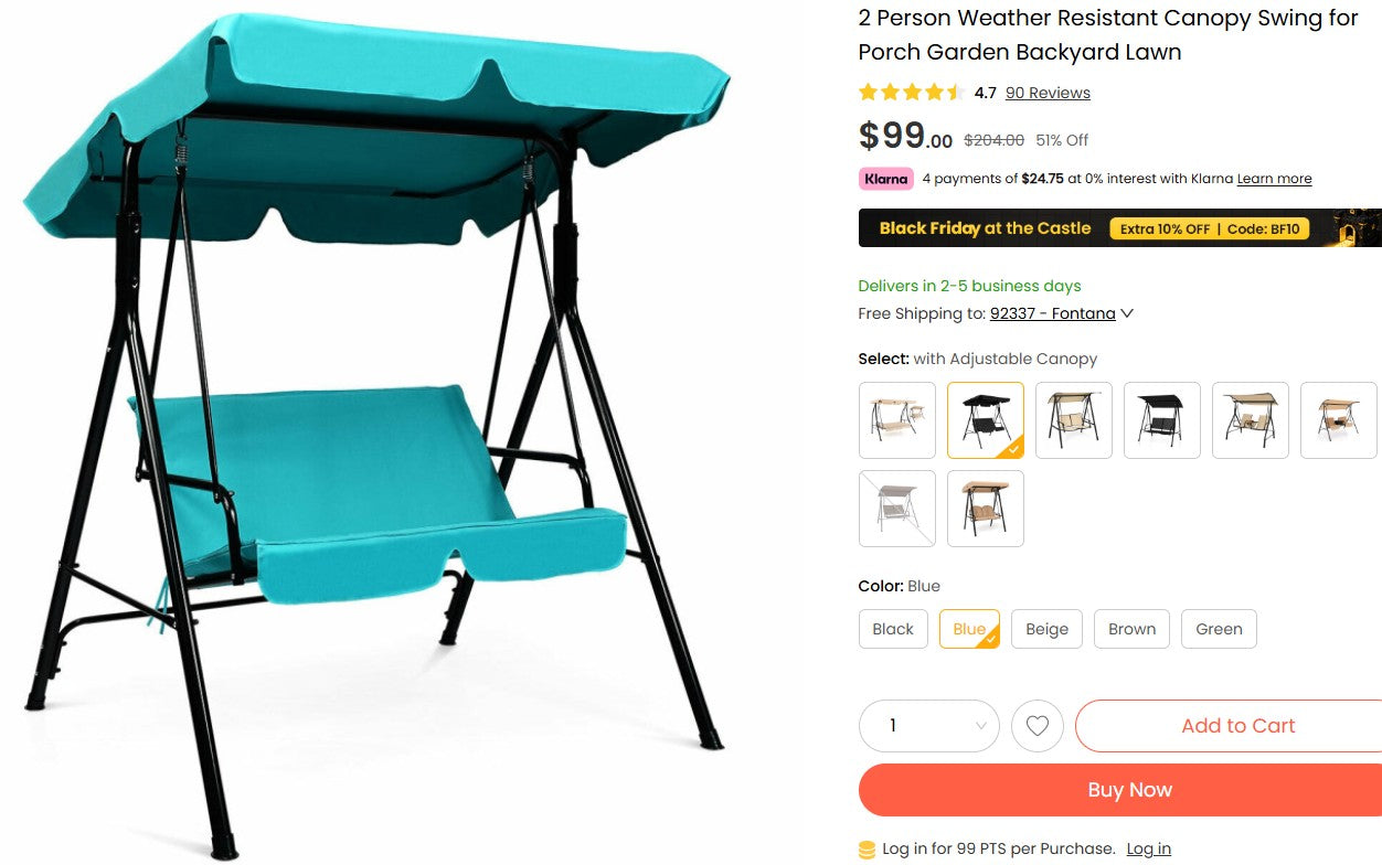 2 Person Weather Resistant Canopy Swing for Porch Garden Backyard Lawn